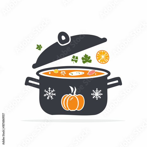 A steaming pot of soup with pumpkin and snowflakes, adorned with herbs and citrus, viewed from the front
