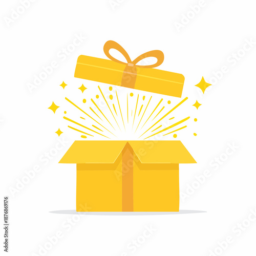 A vibrant yellow gift box opens to reveal a surprise inside, illustrated with sparkles and a ribbon