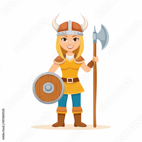 Female Viking warrior standing confidently with axe and shield, wearing armor and Viking attire, in a vector illustration