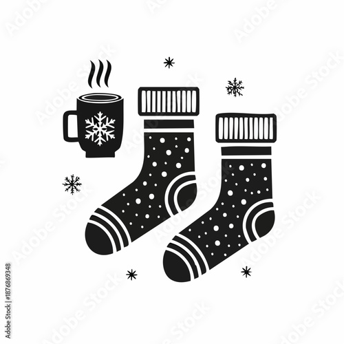 Cozy winter scene with socks and hot beverage vector illustration on white background