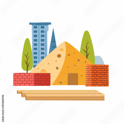 Construction site with building materials and urban landscape elements in the background