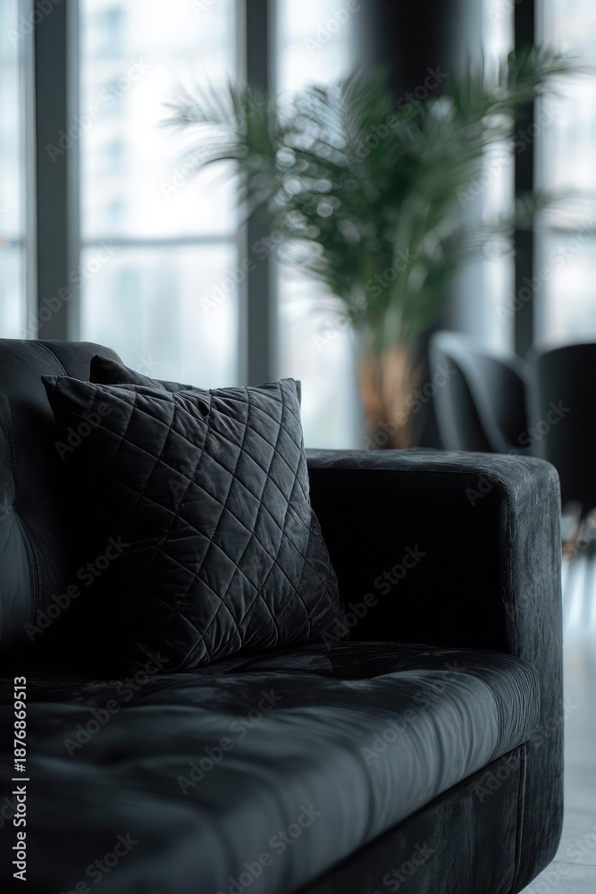 Fototapeta premium Dark velvet sofa with a quilted cushion in a modern living room, large windows and a blurred plant in the background. Concept Dark velvet sofa, Quilted cushion detail, Modern living room
