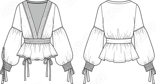 Women peplum blouse technical fashion sketch front back view cad drawing flat vector illustration lace trim apparel design