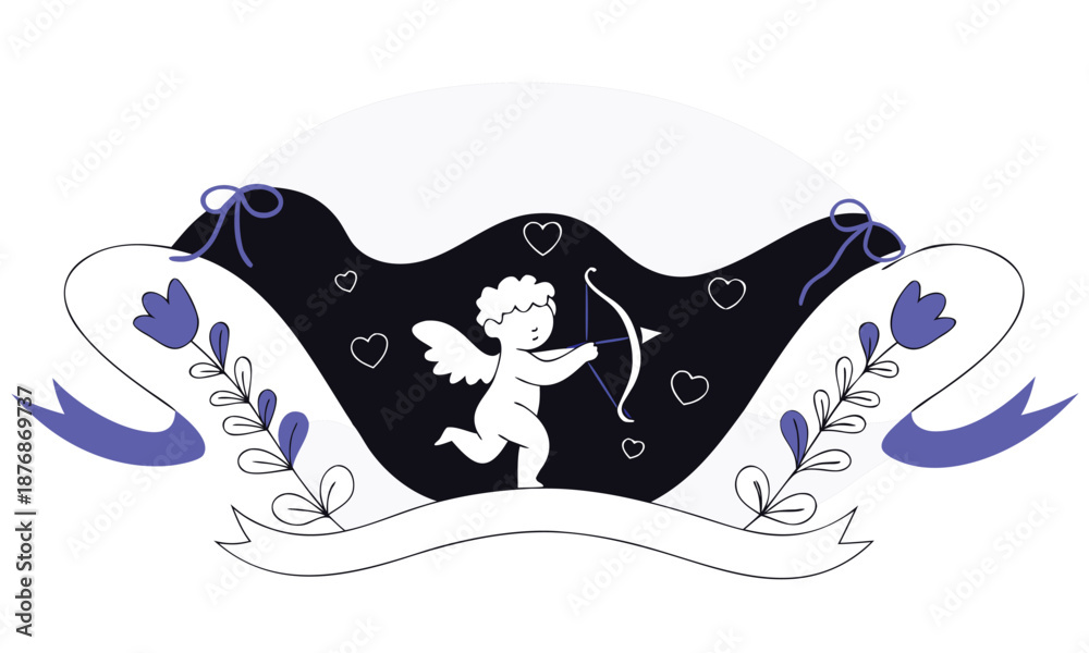 Obraz premium Cupid love vector illustration with Bow and Heart pattern. Romantic decorative line art banner for valentine's day. Wedding invitation. Branding and social media design.