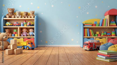 Wallpaper Mural Colorful kids playroom interior with toy shelves and star wallpaper, empty copy space background Torontodigital.ca