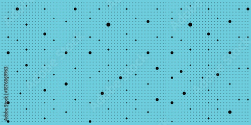 Illustration of teal background with black dots of various sizes scattered randomly