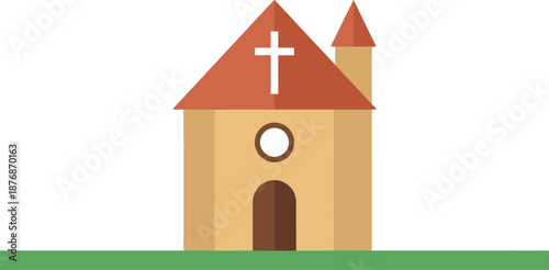 Religious church building icon with red roof and cross for christian faith symbol of holy worship place and catholic parish chapel architecture design element sign for spiritual belief.