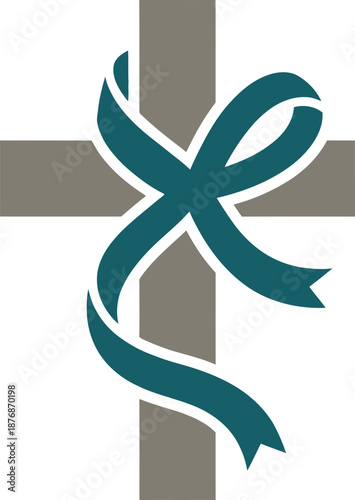Religious christian cross icon with teal ribbon wrapping for church logo and spiritual faith symbol of hope and mourning memorial or baptism event design element sign for holy worship.