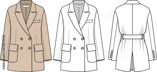 Women tailored blazer coat technical fashion CAD drawing with front back views belt detail cad drawing flat vector illustration