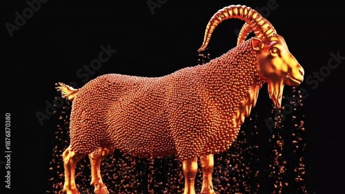 Golden particles transform to create a majestic goat. 3D animation of a Capricorn zodiac symbol forming from metallic spheres. Luxury and wealth concept