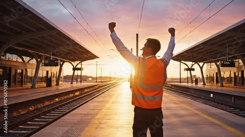 A railway engineer celebrating success on a train station platform. A construction worker raises his arms in triumph at sunset. Project completion and achievement concept