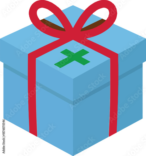 Blue gift box with red ribbon and green christian cross for religious holiday celebration present or catholic baptism christening first holy communion surprise package for church event.