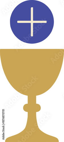Golden holy chalice with blue sacramental host and white cross symbol for catholic first holy communion mass or christian religious church worship ceremony and spiritual faith eucharist.