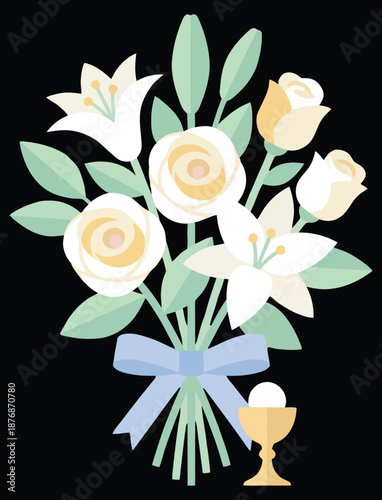 Elegant white floral bouquet arrangement with roses and lilies tied with blue ribbon beside golden holy chalice and wafer for first communion or religious memorial funeral tribute ceremony.