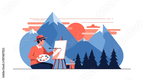 Creative Painter Capturing Nature's Beauty At Sunrise On Canvas Outdoors