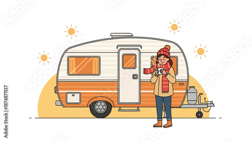Cozy Camper Getaway With Woman Enjoying Hot Drink In Winter Vacation