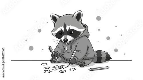 Creative Raccoon Cartoon Drawing Cute Shapes Using Pens On Plain Background
