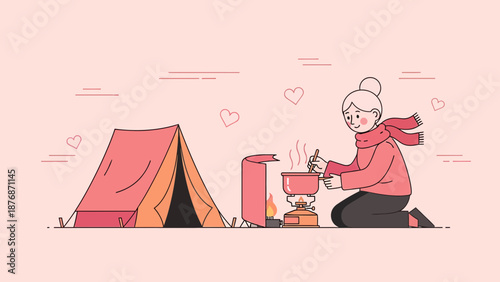 Cozy Camping Illustration With Cooking Over A Camping Stove And Tent