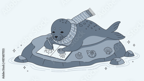 Creative Seal Artist Wearing A Scarf Drawing Shells On A Rock By The Sea