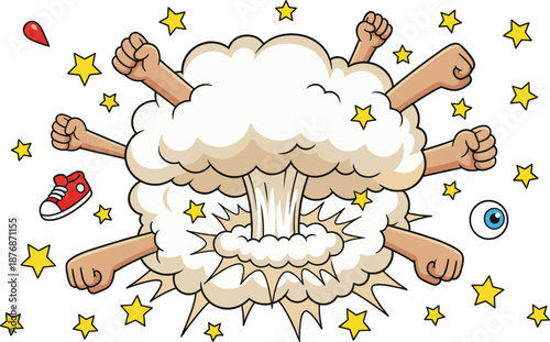 Comic cartoon explosion cloud with punching fists and flying elements, dynamic fight scene illustration representing chaos, conflict, action energy, and humorous cartoon brawl concept