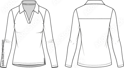 Women’s Long Sleeve Polo Shirt Technical CAD Drawing Front and Back View Flat Vector Illustration for Apparel Design – cad drawing flat vector illustration