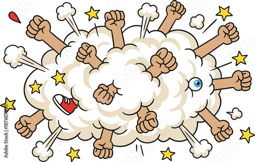 Cartoon comic fight cloud with punching fists and action effects, funny brawl illustration showing chaos, conflict, teamwork clash, and dynamic cartoon violence concept