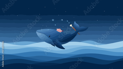 Creative Whale Painting Stars At Night In The Ocean With Painter Hat