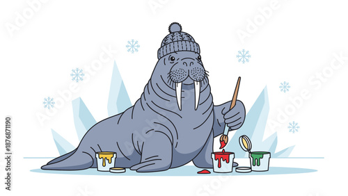 Creative Walrus Painting Winter Scene With Colorful Paints And Knitted Hat