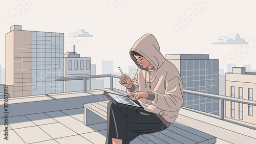 Creative Urban Artist Working On Digital Tablet On A Rooftop With Cityscape