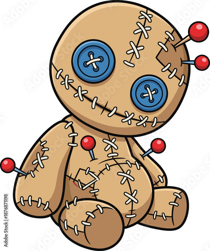 Cute voodoo doll cartoon character with stitches and pins, spooky yet playful ragdoll illustration for Halloween themes, magic concepts, horror humor, and fantasy designs