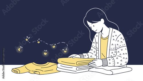 Cozy Evening Routine With Fireflies Illustration Featuring Woman Folding Clothes