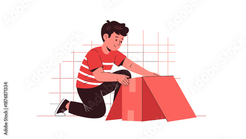 Curious Man Opens a Cardboard Box Package with Anticipation And Excitement