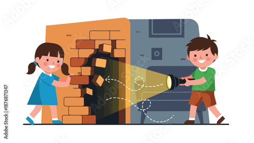 Curious Kids Exploring A Mysterious World Behind The Brick Wall Together