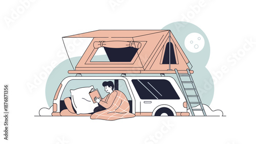 Cozy Evening Reading In Rooftop Tent On Vehicle For Outdoor Adventure
