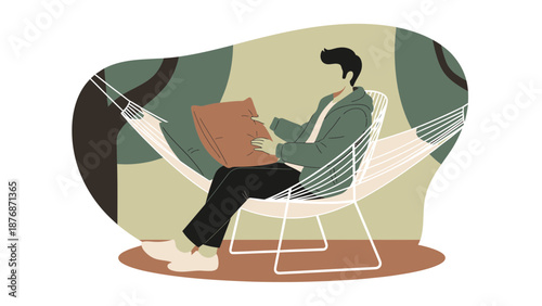 Cozy Hammock Reading A Man Relaxes In Nature Illustration Flat Design
