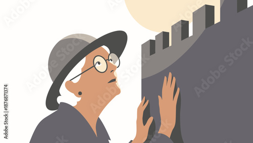 Curious Woman Exploring Ancient Walls On Holiday Exploring World History