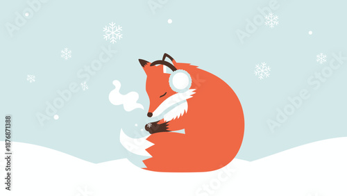 Cozy Fox With Earmuffs Enjoying Hot Cocoa in Winter Wonderland Scene