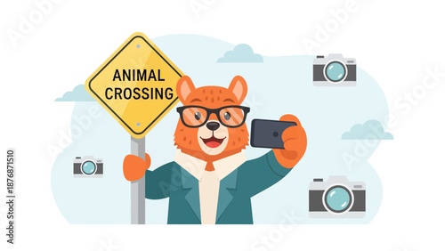 Cute Cartoon Animal Taking A Selfie Near An Animal Crossing Sign Illustration