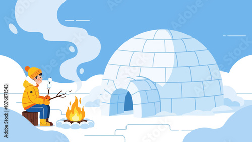 Cozy Winter Campfire Scene With Marshmallows And Igloo Illustration
