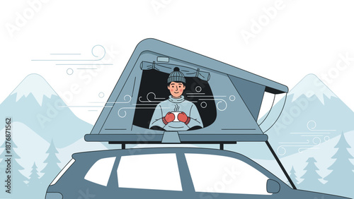 Cozy Winter Camping Adventure With Car Top Tent And Mountain View