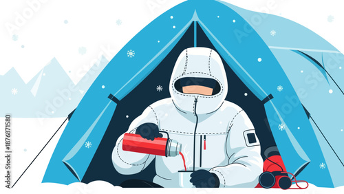 Cozy Winter Camping Scene In The Mountains With A Hot Drink Illustration