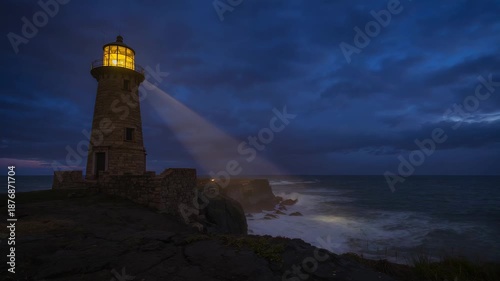 Wallpaper Mural Lighting lantern, stone lighthouse sweeping beam over rocky cliff at dusk guiding ships, copy space Torontodigital.ca