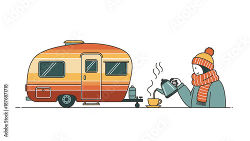 Cozy Winter Scene With Camper And Person Pouring Warm Drink Illustration