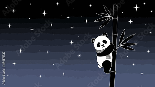 Cute Panda Bear Climbing Bamboo Under The Starry Sky At Night Illustration