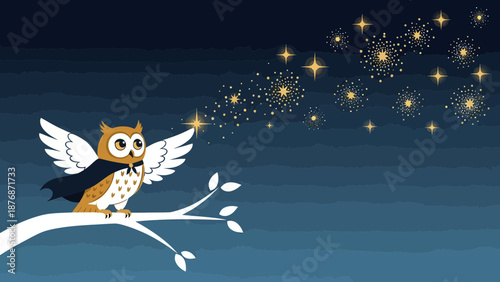 Cute Owl With A Cape On A Branch Casting Starry Fireworks Into The Night Sky