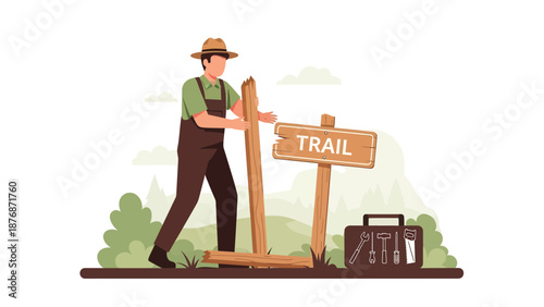 Craftsman Repairing Trail Sign In Nature Environment And Using Toolkit