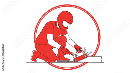 Craftsman Repairing Equipment With Versatile Knife In A Precise Line Art Style