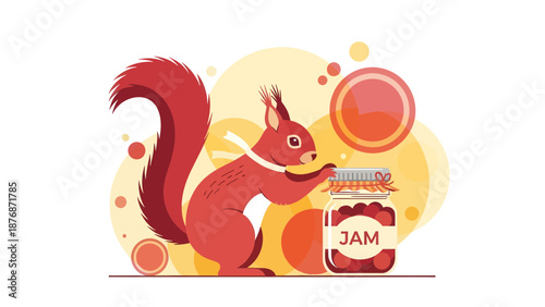 Crafty Squirrel Trying To Open A Jar Of Berry Jam Illustration