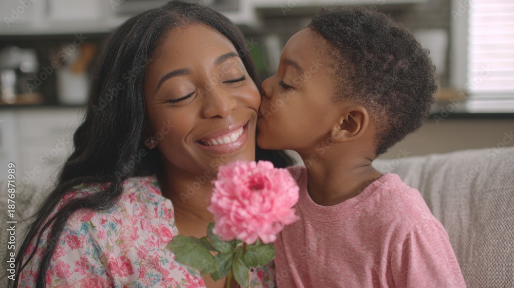 Obraz premium Mothers Day, Valentines Day, love holiday theme. A woman and a young girl sharing a tender moment of affection. The woman, wearing a floral dress, holds a pink flower in her hand, while the girl.