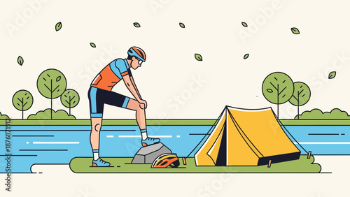 Cycling Adventure Biker Resting Near Tent Outdoors In Minimalistic Illustration